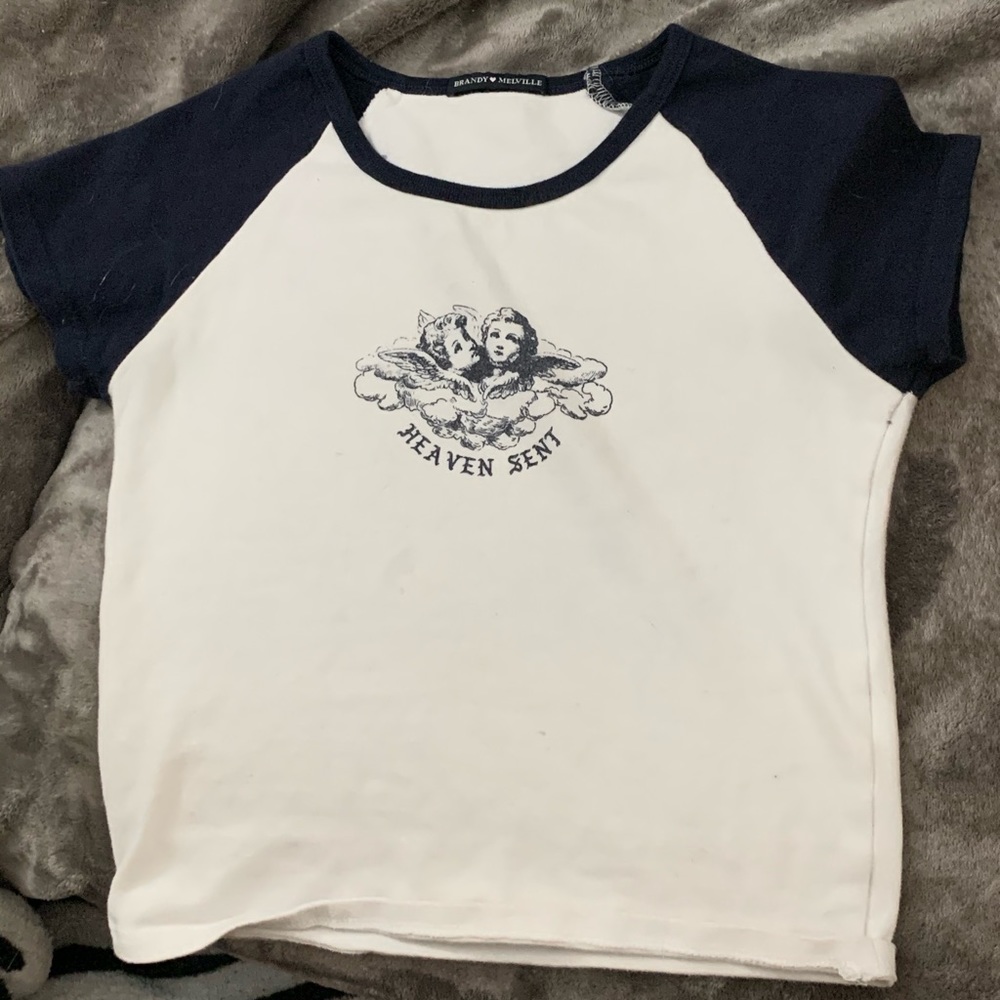 brandy melville, navy/white “heaven sent” shirt